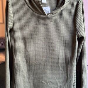 Stitchworks Olive Green Women's Hooded waffle long sleeve tee. Medium